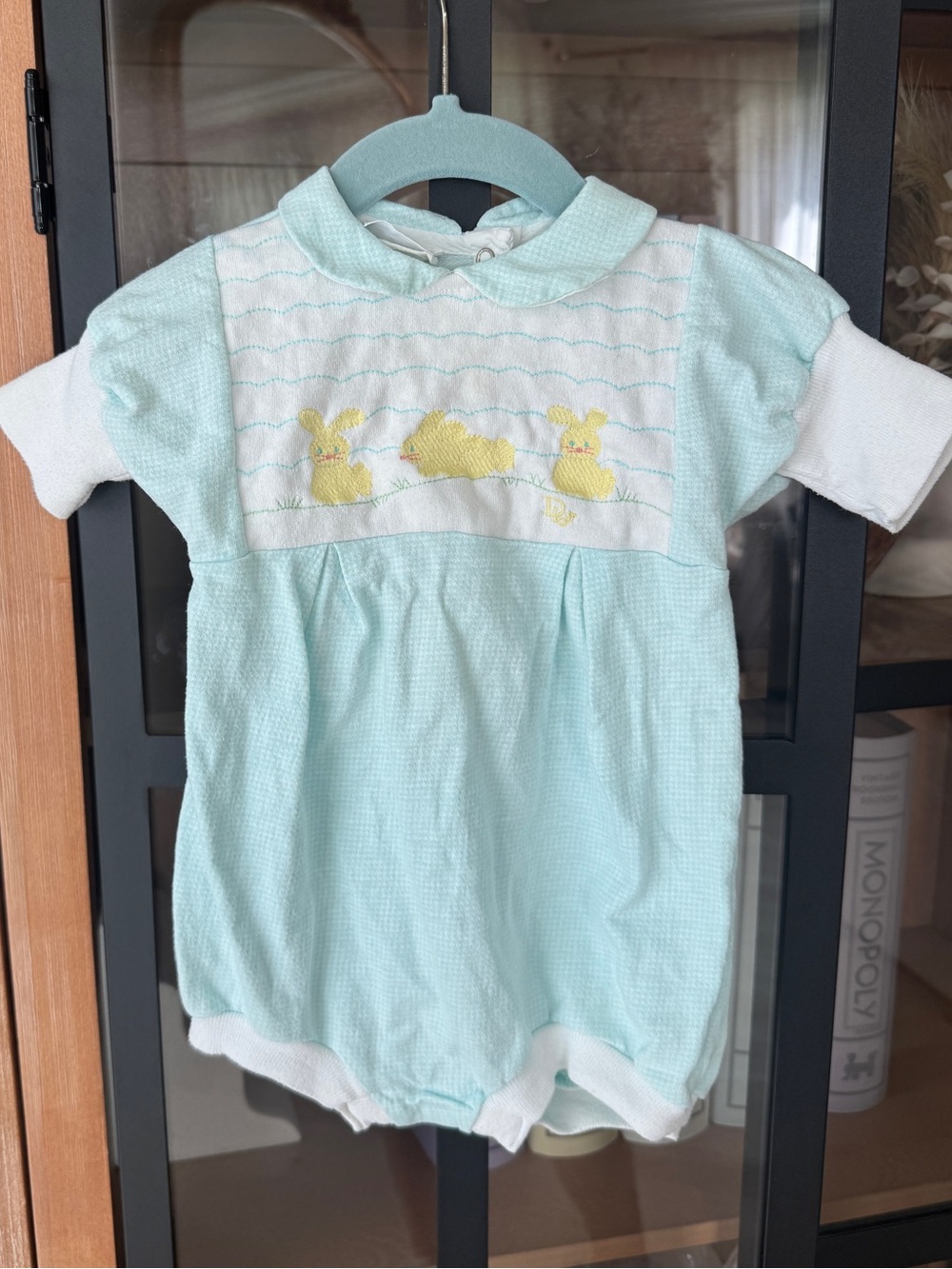 Vintage Baby Dior romper embroidered bunny easter pastel shortall collar boy